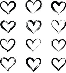 Grunge hearts collection: hand-drawn black brush stroke love symbols