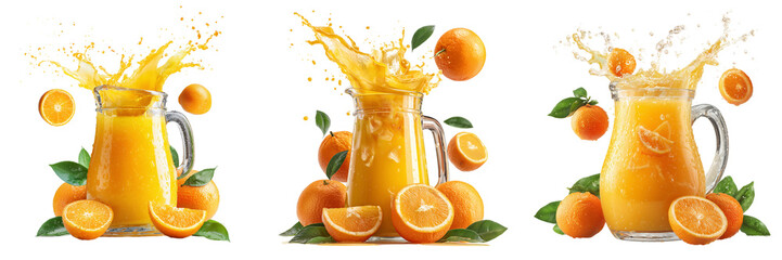 Set of Summer orange juice in a clear glass splashing with juice droplets in motion on transparent png background. Ai generated