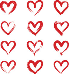 Hand drawn red heart shapes, brush stroke style for love design