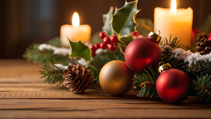 Warm glow of christmas candles illuminating festive evergreen branches adorned with baubles and pinecones on a rustic wooden table christmas decoration with candle