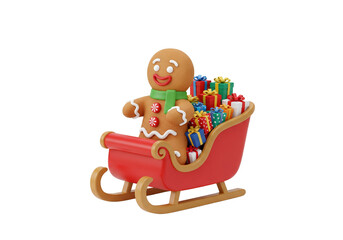 Cute 3D Gingerbread Man in Red Sleigh Delivering Christmas Gifts