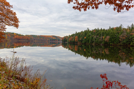 View of the Kennebec River near and far in Skowhegan Maine in the fall.