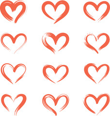 Collection of hand-drawn orange brush stroke heart design set.