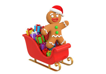 Festive Gingerbread Man in Santa Hat Riding Sleigh Full of Christmas Presents, 3D Render