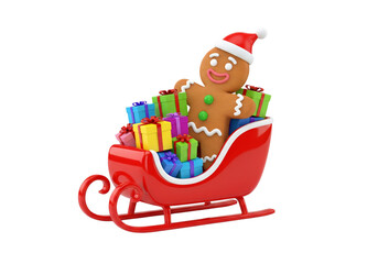Happy 3D Gingerbread Man in Santa Sleigh with Christmas Gifts on White Background