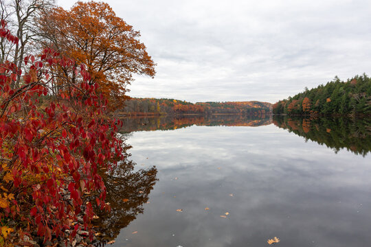 Wide view of the distant shoreline of the Kennebec River in Skowhegan Maine in the fall.