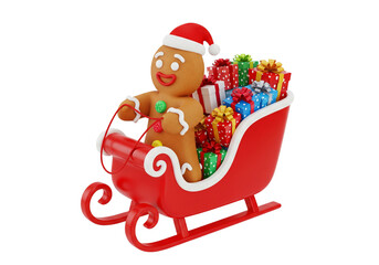 Festive Gingerbread Man Driving Red Sleigh Packed with Christmas Gifts. Joyful Holiday Season Present Delivery. 3D Render on White Background.