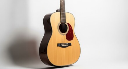 Classic acoustic guitar on white background with natural wood grain, musical instrument photography with professional lighting and clear composition for branding