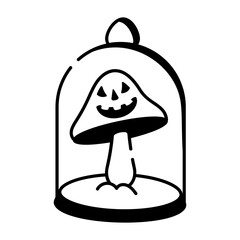 A doodle style icon of spooky mushroom inside glass dome