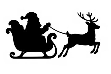 Santa claus in sleigh flying with reindeer silhouette, delivering christmas holiday gifts, transparent background