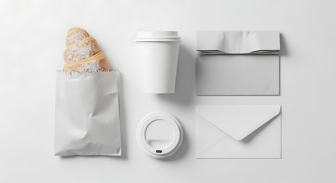 Minimalist Breakfast Mockup with Croissant, Coffee, and Stationery.