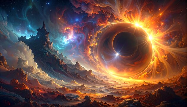 A cosmic vista showcasing celestial phenomenon an illuminated ring encircles a dark void amid fiery clouds and radiant stars