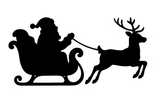 Santa claus in sleigh flying with reindeer silhouette, delivering christmas holiday gifts, transparent background