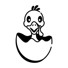 A hand drawn icon showing cute chick in cracked egg 