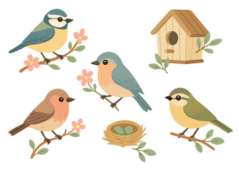 Cute vector illustration of three colorful songbirds sitting on blooming branches. Perfect for spring decor, greeting cards, children’s prints, and nature-inspired design projects