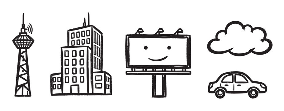 Hand-drawn black icons of a communication tower, multi-story buildings, a smiling billboard, a cloud, and a car on a white background.