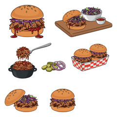 Pulled Pork Sandwich Vector. Pulled Pork Sandwich Vector bundle. Pulled Pork Sandwich vector, illustration, lineart, clipart 