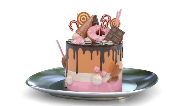 candy covered cake on a steel plate