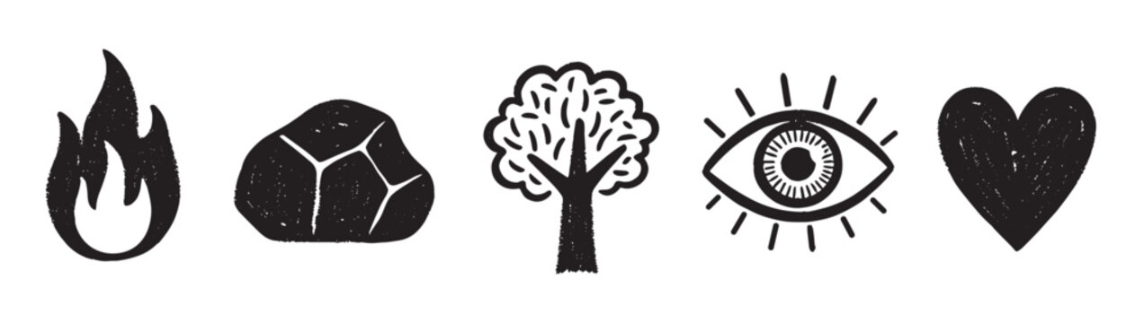 Black silhouette icons of five natural and symbolic elements: fire, rock, tree, eye, and heart, each representing distinct ideas and emotions.