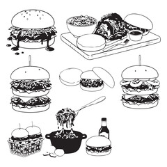 Pulled Pork Sandwich Vector. Pulled Pork Sandwich Vector bundle. Pulled Pork Sandwich vector, illustration, lineart, clipart 