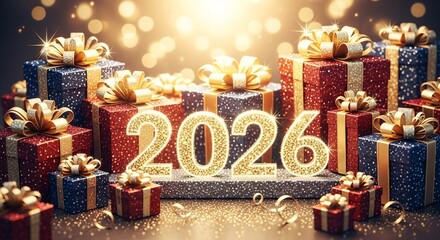 New year 2026 celebration with colorful gift boxes and golden lights