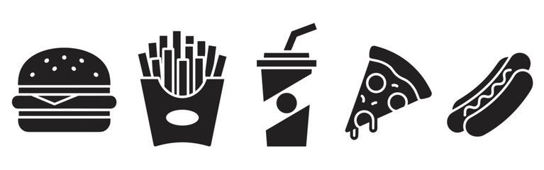 Black silhouette icons of a hamburger, french fries, soda cup, pizza slice, and hot dog arranged in a row.