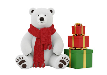 Cute Festive Polar Bear in Red Scarf with Stacked Christmas Presents