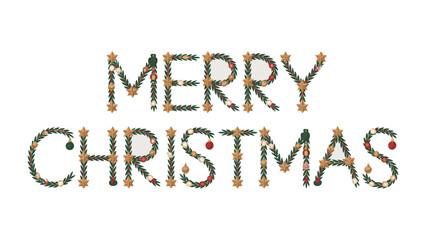 Festive Christmas Greeting: A visually appealing holiday greeting spells out Merry Christmas using decorative elements that evoke the spirit of the season. 
