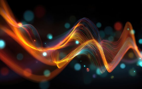 Abstract flowing orange and blue light waves with bokeh particles on a dark background