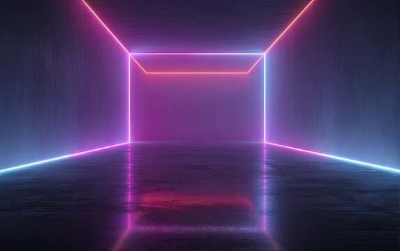 Neon lit geometric tunnel with colorful glowing lines reflecting on a wet floor