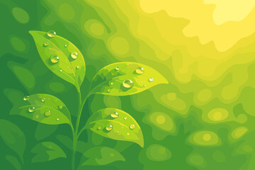 Dew-Kissed Leaves. Morning dew glistening on bright green leaves, soft vector illustration golden sunlight illuminating the scene,