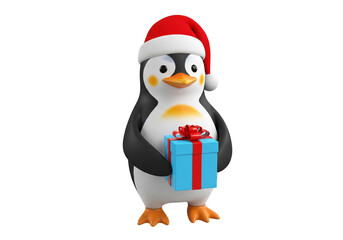 Cute 3D Christmas Penguin in Santa Hat Holding a Festive Blue Gift Box - Isolated on White Background