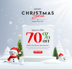 Merry Christmas and happy new year sale, white podium stand display, christmas tree and snowman on snow poster design background