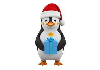 Festive 3D Cartoon Penguin in Santa Hat Holding a Blue Christmas Present, Isolated on White