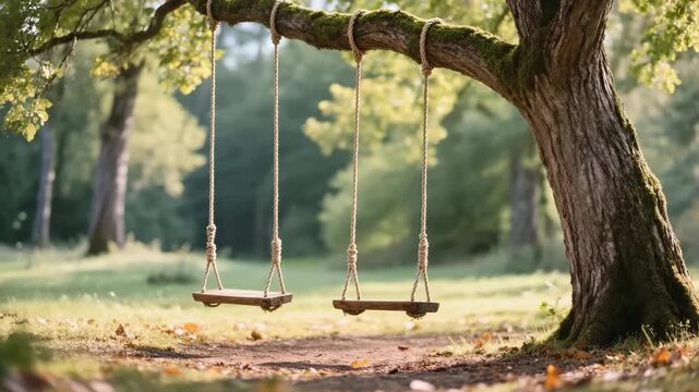 Rustic wooden swings suspended from a mossy tree branch in a quiet forest clearing. Autumn leaves on the ground. Peaceful scene evoking childhood memories. Natural setting.