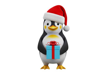 Festive 3D Cartoon Penguin in Santa Hat Holding Christmas Gift - Isolated Holiday Character with Present on White Background