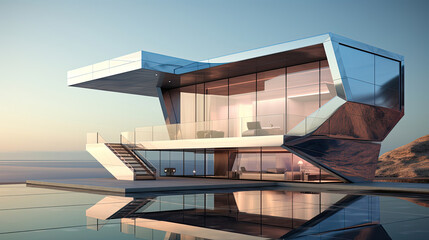 Luxury waterfront home with reflective architecture showcases modern design and innovative style for upscale real estate marketing and architectural inspiration