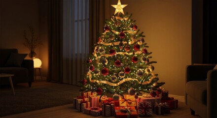 Fototapeta premium Lit Christmas tree with star topper garland ornaments and wrapped gifts in a cozy living room