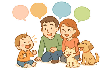 Learning Through Sounds. Child learning to speak with floating word-balloons, smiling parents, and pets echoing cheerful sounds No