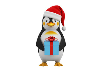 Joyful Christmas Penguin with Santa Hat Presenting a Blue Gift Box - 3D Render