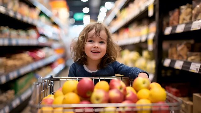 A candid shot of a young girl in a grocery store, with a shopping cart full of fruits and vegetables in the foreground. The girl is smiling and looking directly at the camera.