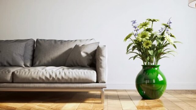 Serene living room showcasing modern sofa and vibrant flower arrangement