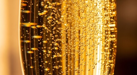 Golden drink with rising bubbles in a glass illuminated by warm light