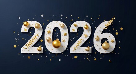 New year 2026 celebration with golden decorations on dark blue background