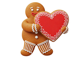 Cheerful Gingerbread Man Holding a Decorative Red Heart Cookie - Love, Sweetness & Holiday Spirit