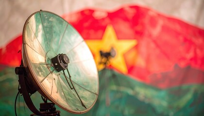 A close-up view of a metallic satellite dish with a blurred colorful featuring a prominent star.