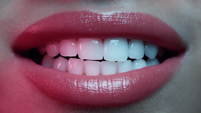 Close-up of a smiling mouth, revealing bright white teeth against a backdrop of glossy lips