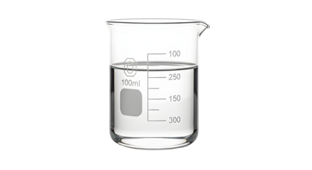 Isolated Transparent Glass Laboratory Beaker with Measurement Scale and Clear Liquid