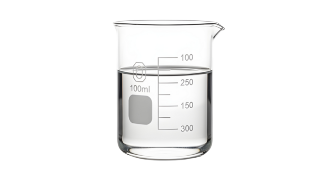 Isolated Transparent Glass Laboratory Beaker with Measurement Scale and Clear Liquid
