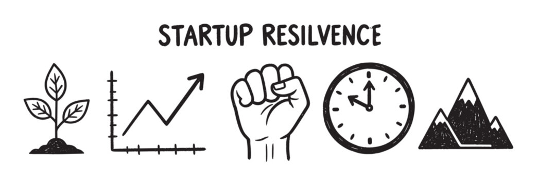 Minimal black and white illustration depicting startup resilience with icons of a sprouting plant, upward graph, clenched fist, clock, and mountains.